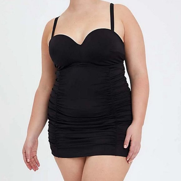 Torrid Ruched Retro Mid-Length Swim Dress Removable Straps - Black Size 1